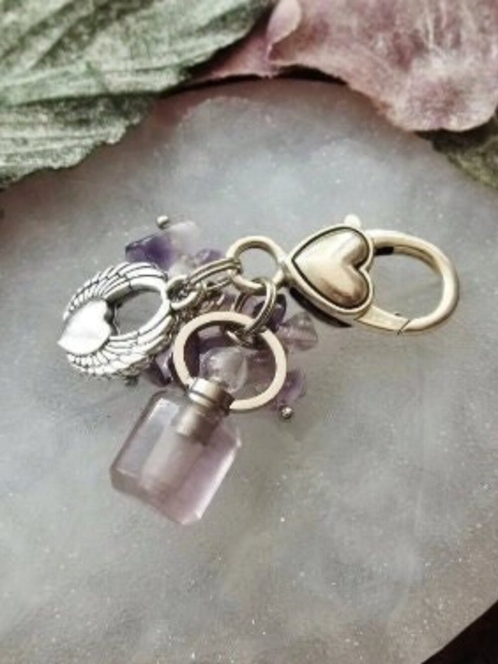 Amethyst Quartz Crystal Vial Keychain Essential Oil Bottle Angel Wing Charm